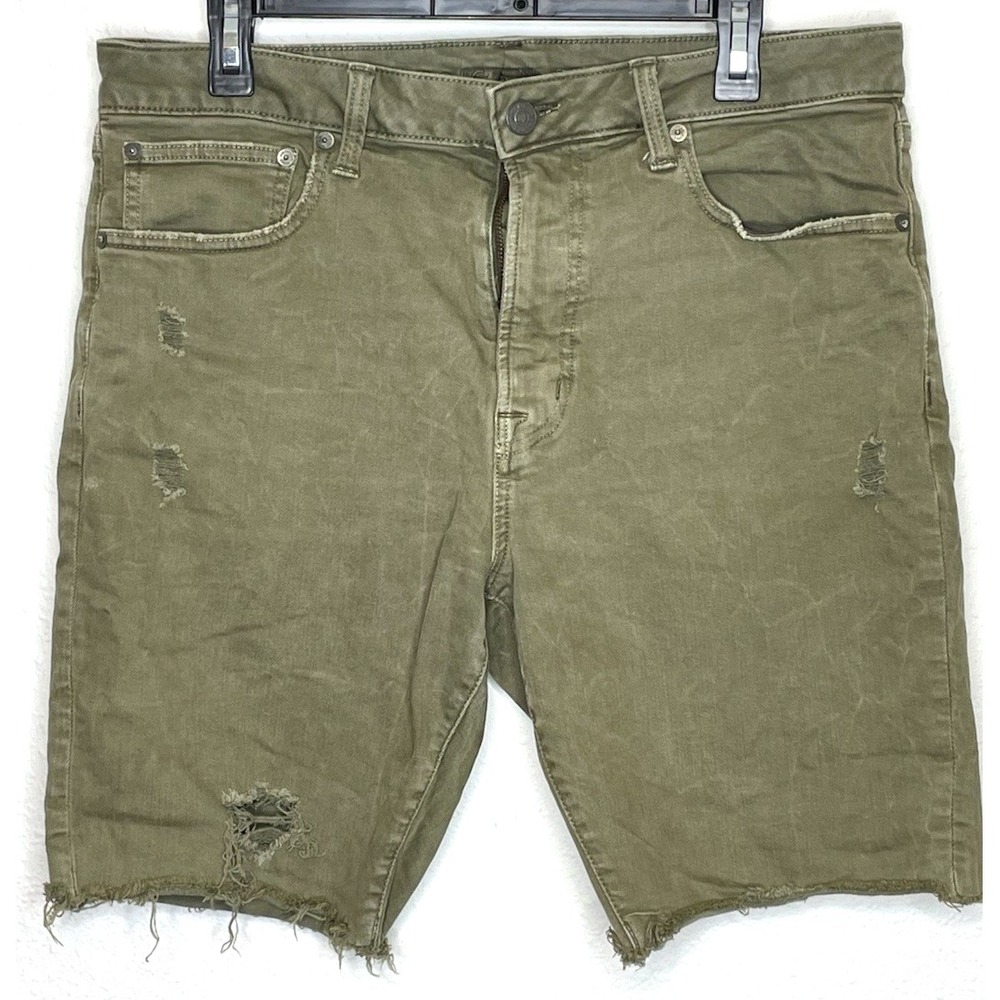 American Eagle Distressed Denim Shorts, Men's 34, Green, Thrashed, Raw Hem, Y2K